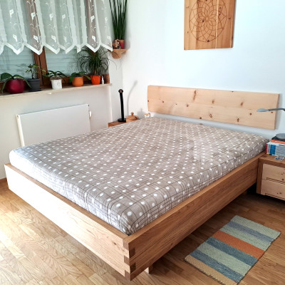 Oak Bed with Stone Pine Headboard